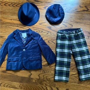 Bundle Janie & Jack Plaid Pants w/ Navy velvet blazer, hats  Holiday Christmas